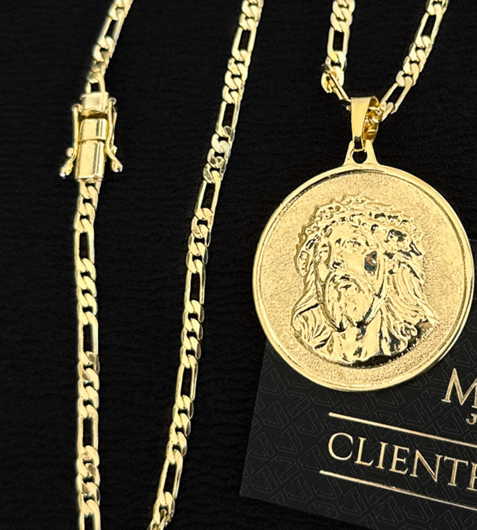 Corrente Fio 3 por 1 4mm + Pingente Medalha Face de Cristo em Relevo 5x4cm Banhada a Ouro 18k