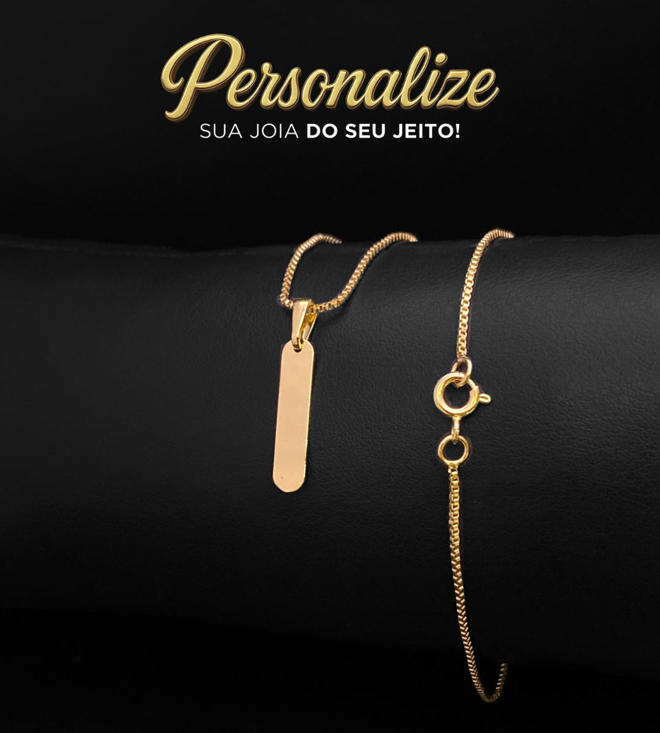 Kit Corrente Veneziana 1mm + Pingente Personalizável Plaquinha Arredondada Mini 2x0,5cm Banhado a Ouro 18k