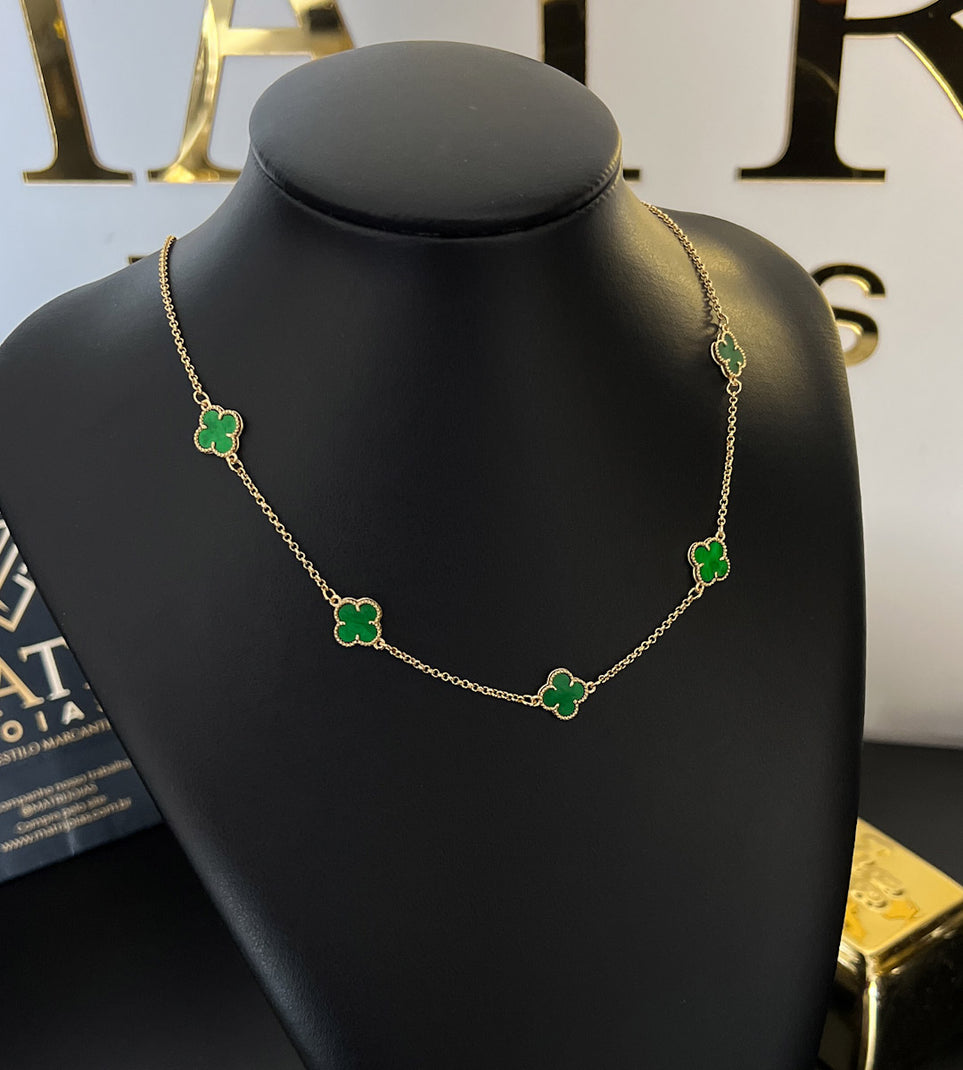 Corrente Trevo Verde 55cm Fecho Tradicional Banhada a Ouro 18k