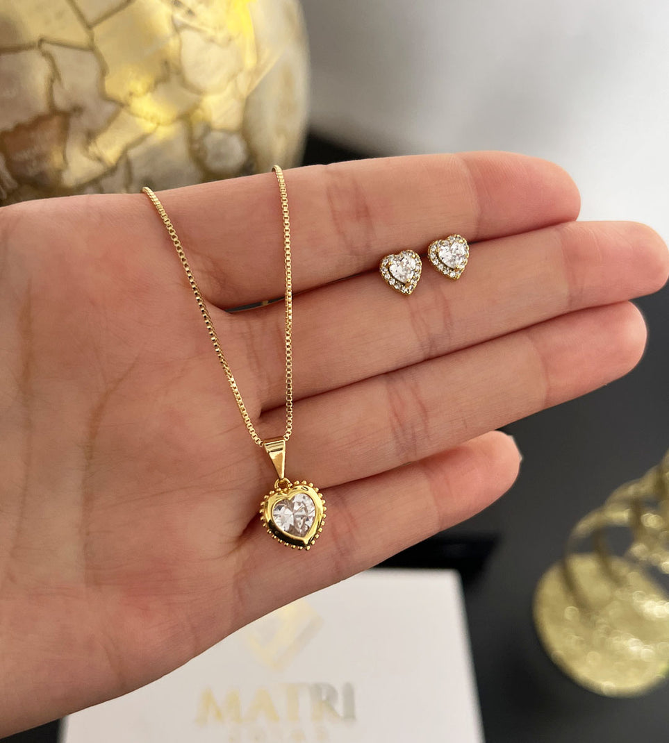 Conjunto Feminino Completo Coração Colar + Pingente + Brinco Banhado a Ouro 18k