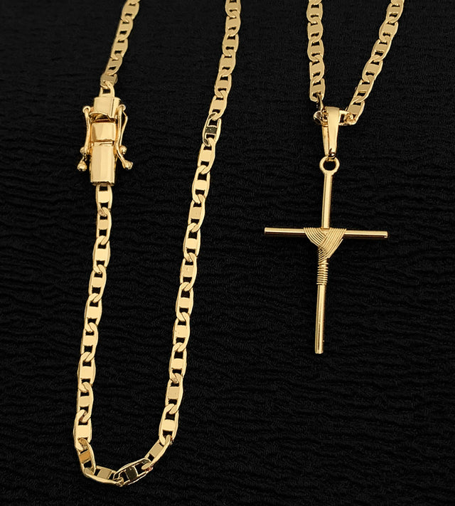 Corrente Piastrini 4mm Fecho Trava Dupla + Pingente Cruz Amarrada 4x2cm Banhada a Ouro 18k