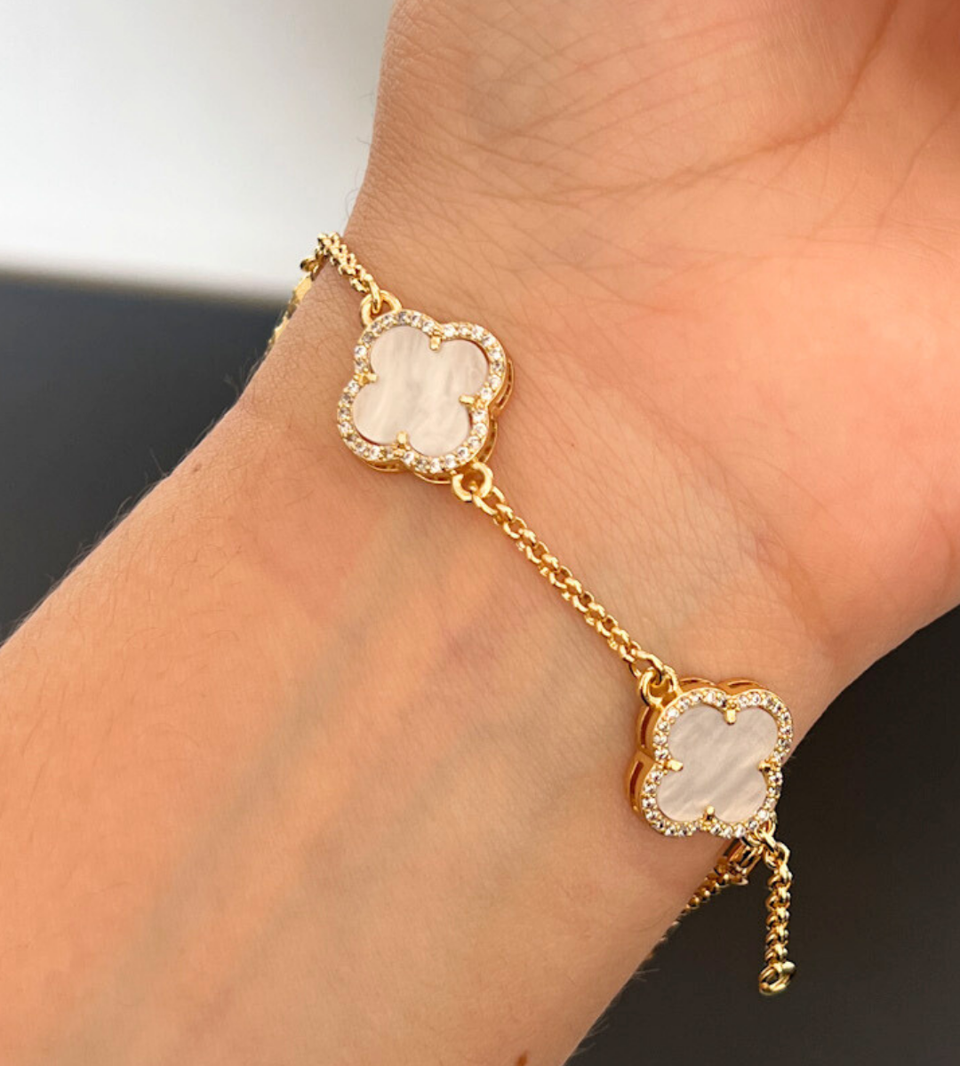 Corrente + Pulseira Trevo Branco Grande Cravejado em Zircônia 60cm 21cm Banhada a Ouro 18k, foto 5
