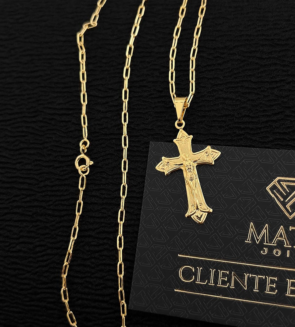Corrente Cadeado Laminado 2mm + Pingente Cruz Vitoriana Banhada a Ouro 18k