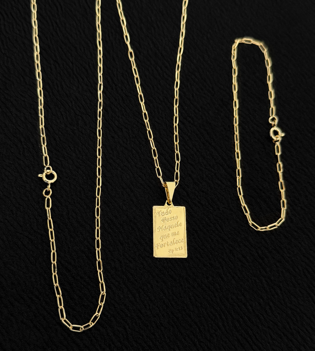 Corrente + Pulseira Cadeado Laminado 2mm + Pingente Plaquinha "Tudo Posso" 2x1cm Banhada a Ouro 18k