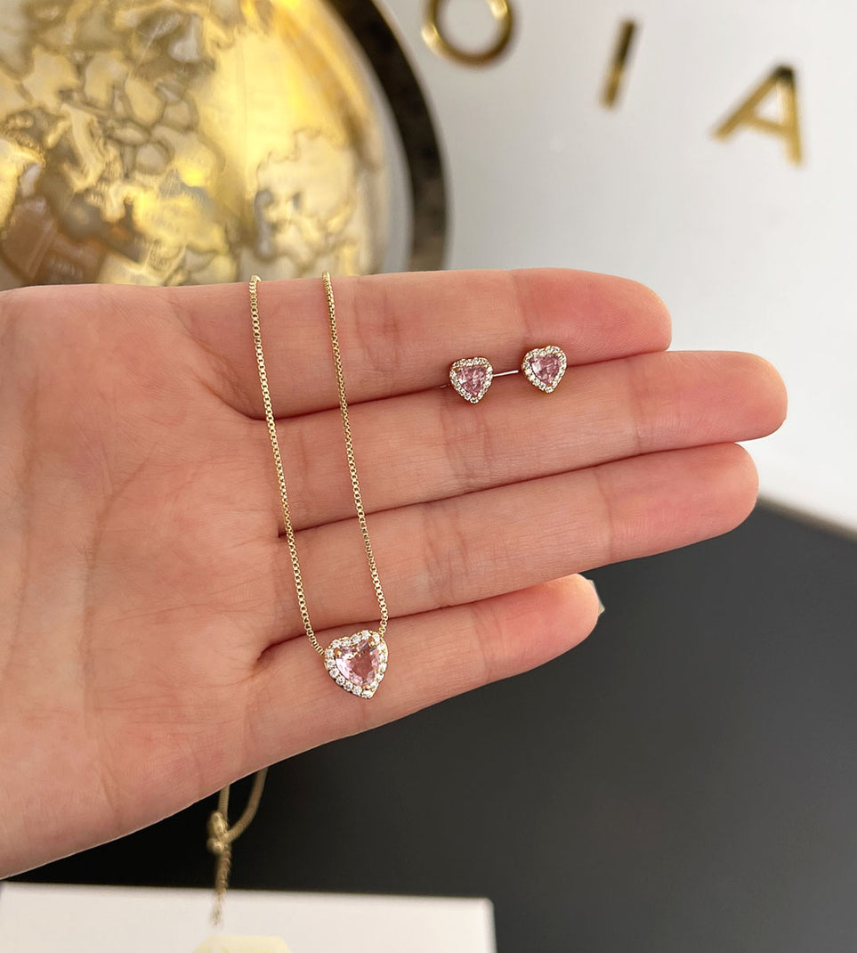 Conjunto Feminino Coração Lapidado Rosé Cristal Cravejado em Zircônias Banhado a Ouro 18k