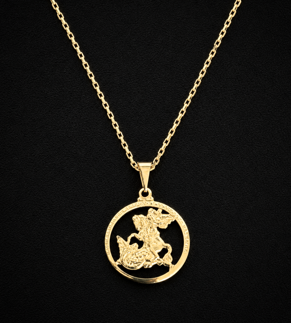 Corrente Elo Vazado 1mm + Pingente São Jorge 2x2cm Banhada a Ouro 18k