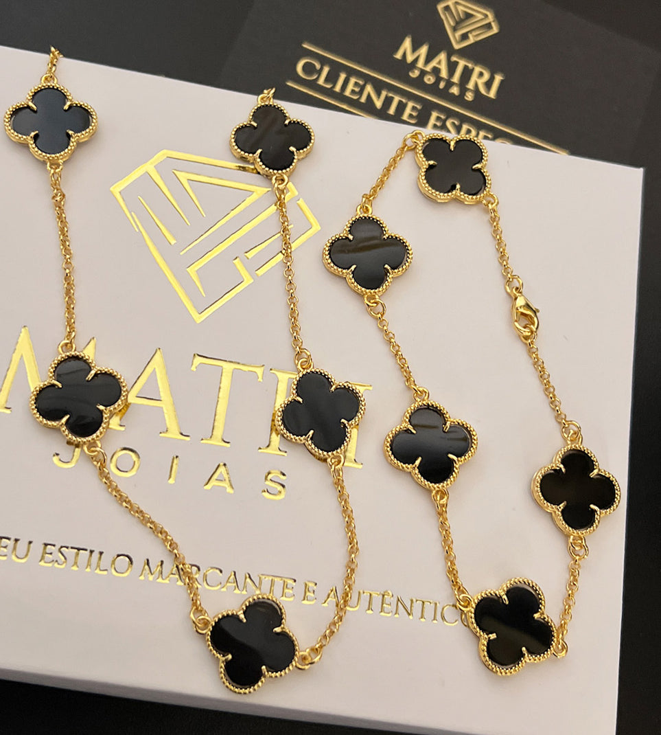 Corrente + Pulseira Trevo Preto Grande 21cm 55cm Banhada a Ouro 18k