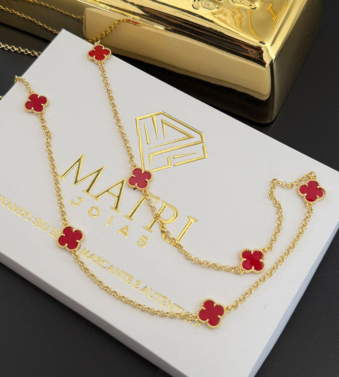 Corrente 7 Trevos Vermelho 70cm Banhada a Ouro 18k, foto 3