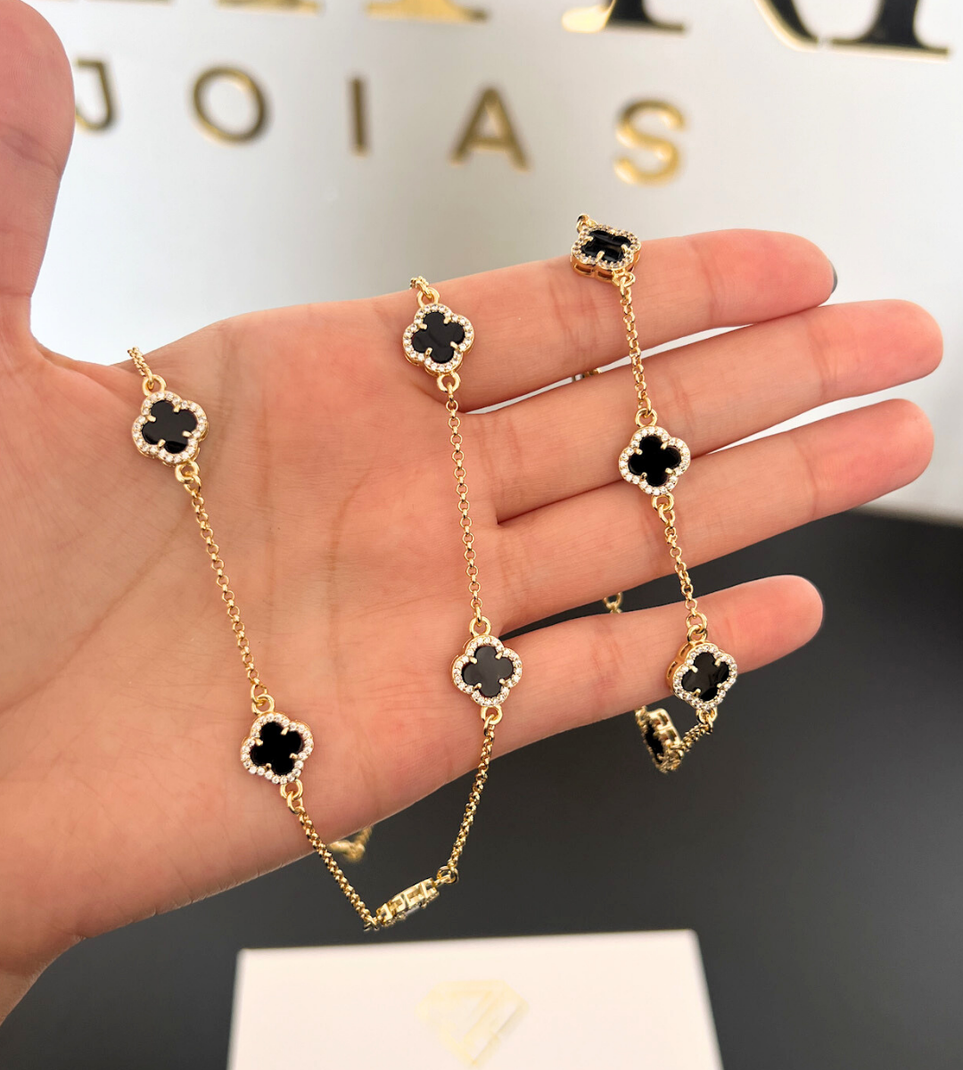Corrente + Pulseira Trevo Preto Cravejado em Zircônia 60cm 21cm Banhada a Ouro 18k
