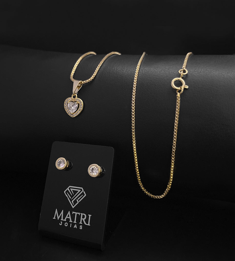 Conjunto Feminino Completo Coração com Zircônia Colar + Pingente + Brinco Banhado a Ouro 18k