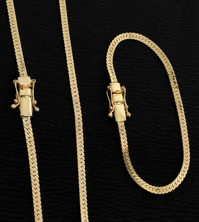 Kit Corrente + Pulseira Grumet Flat 4mm Fecho Trava Dupla Banhado a Ouro 18k