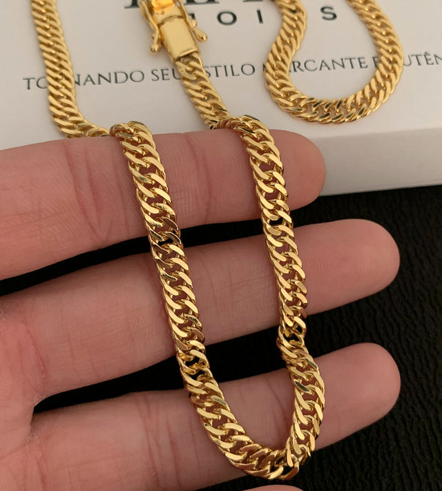 Corrente + Pulseira Grumet Dupla 6mm Fecho Trava Dupla Banhada a Ouro 18k, foto 5