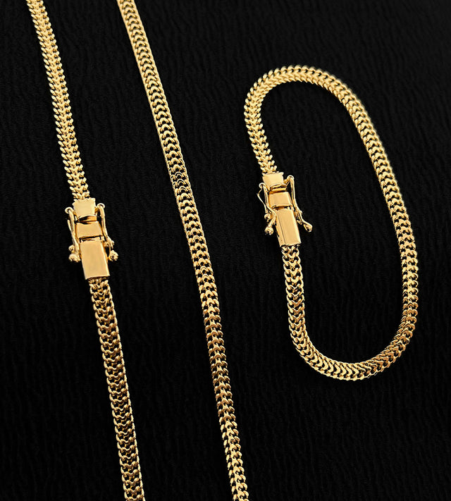Corrente + Pulseira Grumet Lacraia 4mm Fecho Trava Dupla Banhada a Ouro 18k
