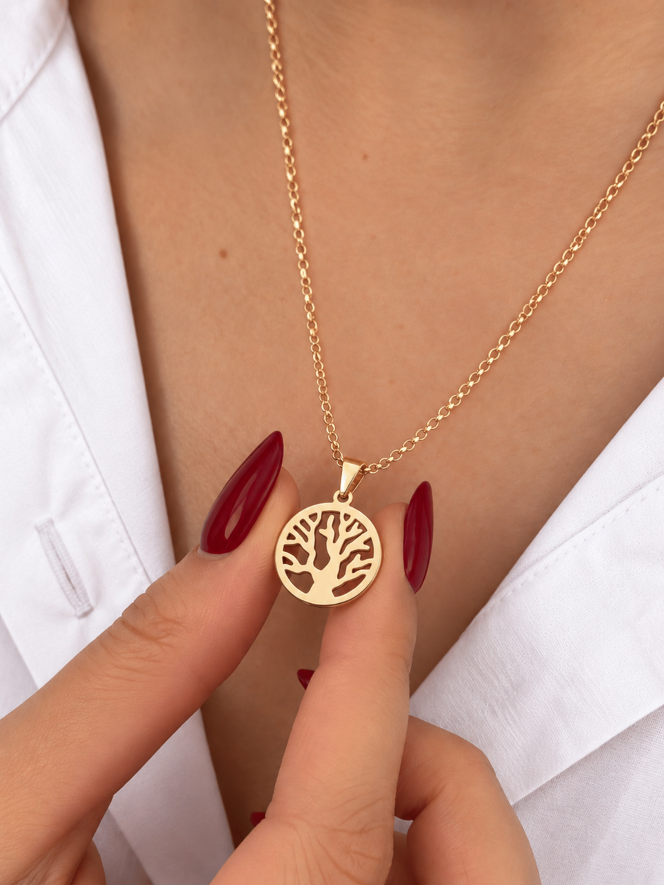 Colar Elo Português com Pingente Árvore da Vida Banhado a Ouro 18k