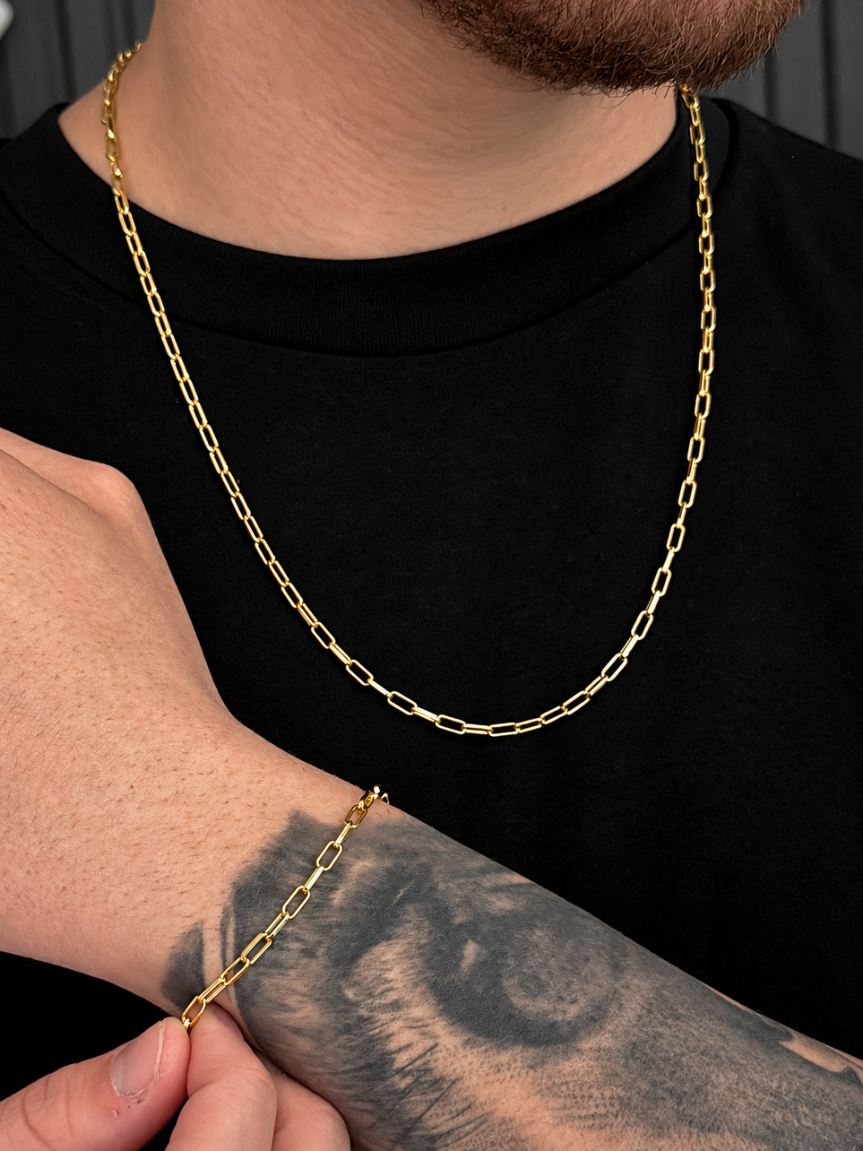 Conjunto Corrente e Pulseira Cadeado Laminado 3mm Banhado a Ouro 18k
