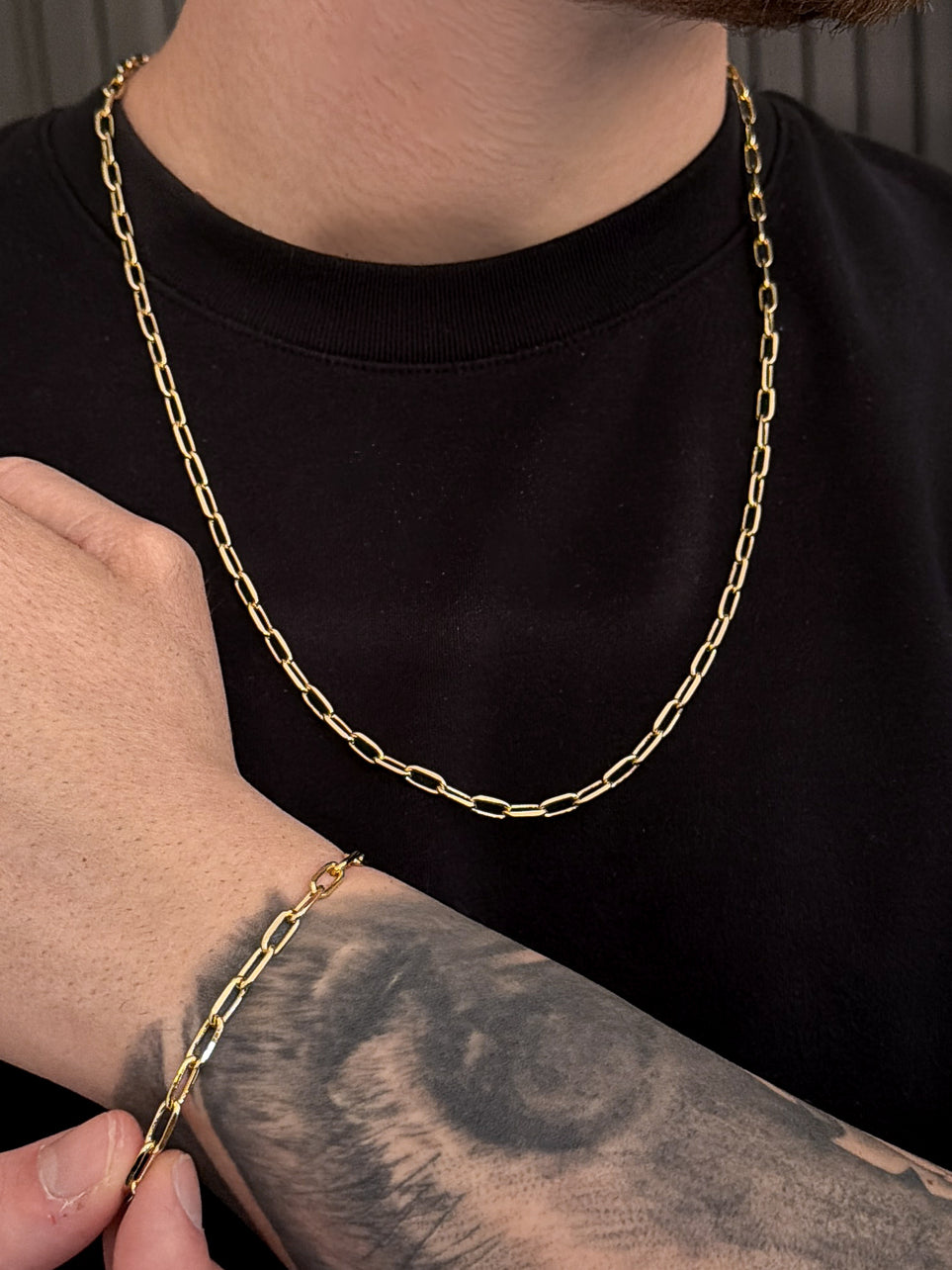 Conjunto Corrente e Pulseira Cadeado Laminado 5mm Banhado a Ouro 18k