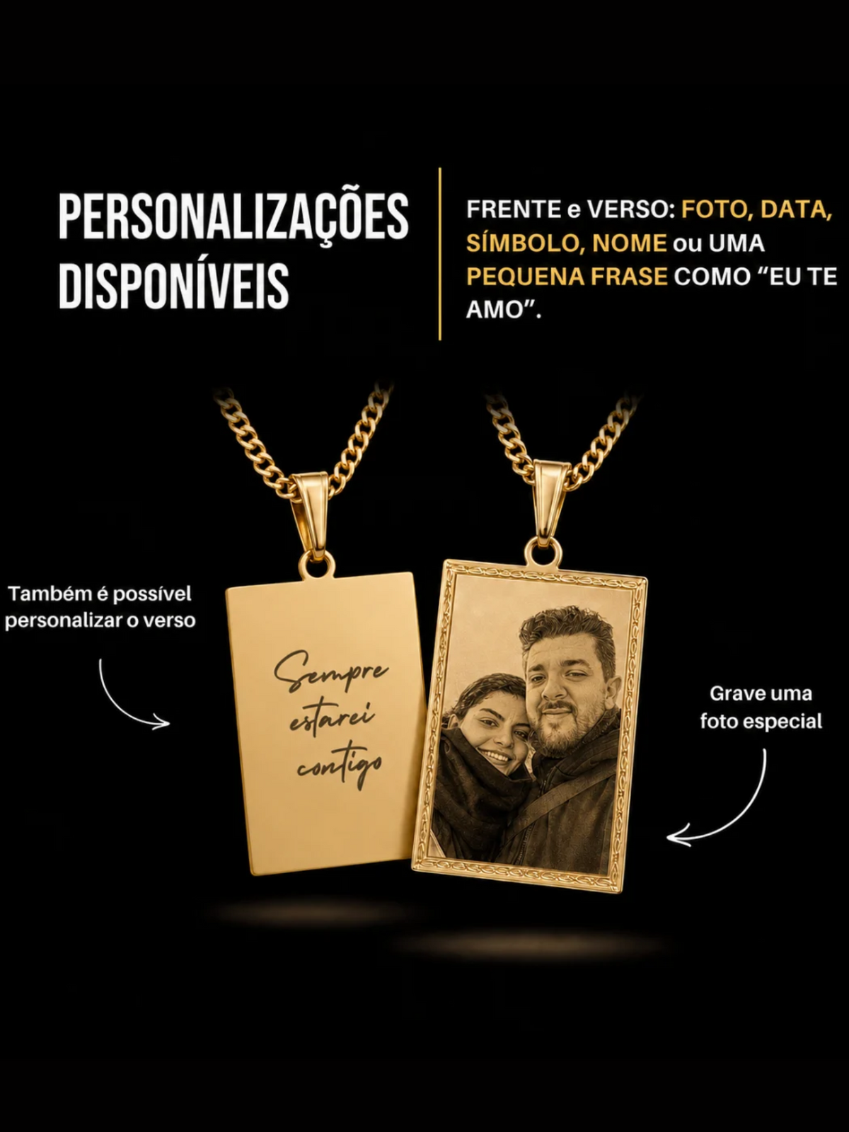 Corrente Cadeado Laminado 3mm com Pingente Placa Detalhada Personalizável Banhada a Ouro 18k