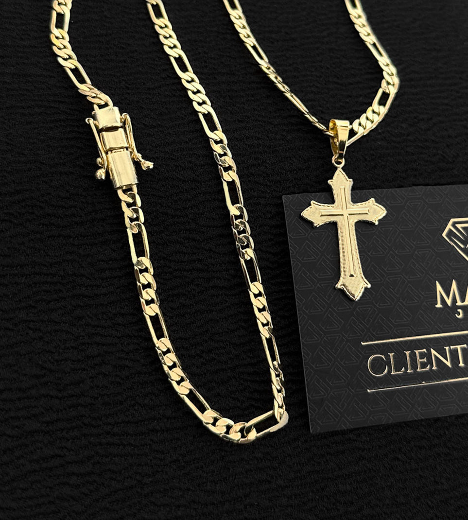 Corrente Fio 3 por 1 4mm + Pingente Cruz Vitoriana 4x2cm Banhada a Ouro 18k