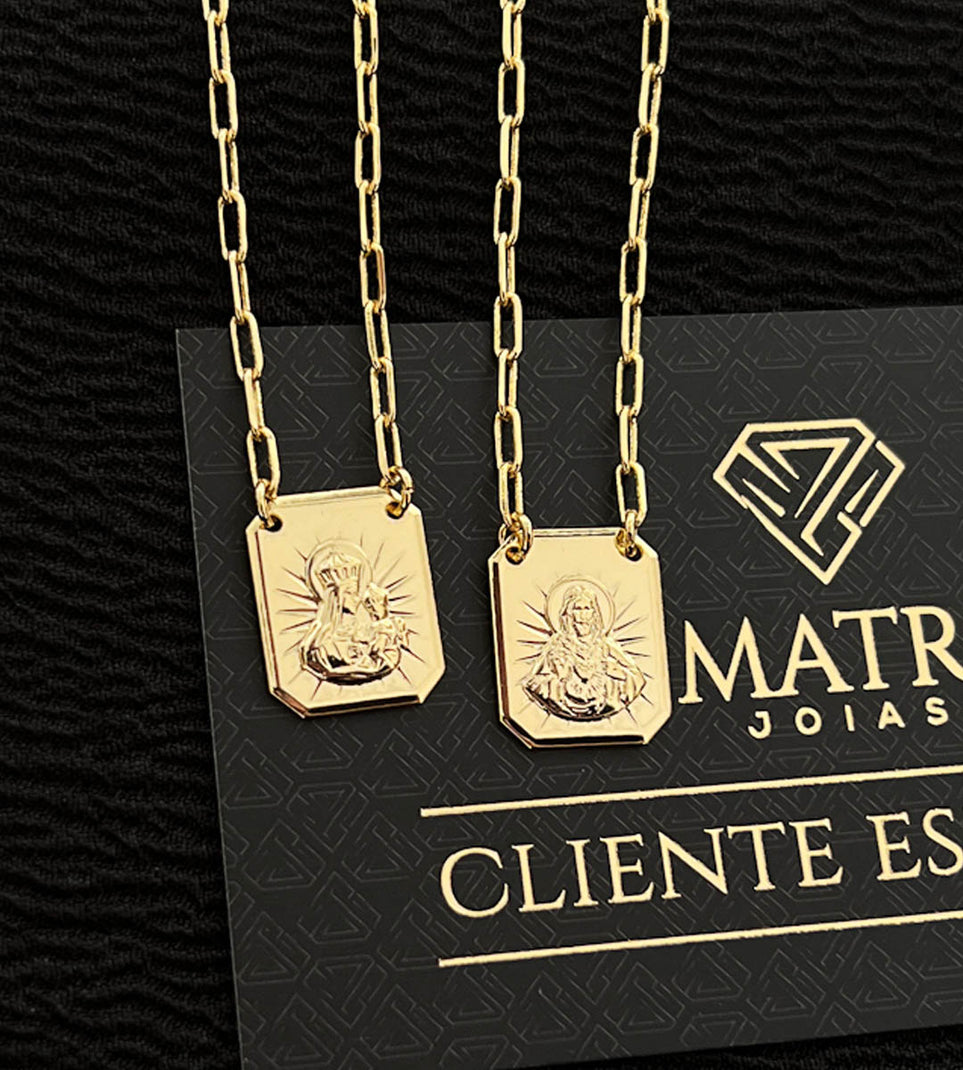 Escapulário Plaquinha Nossa Senhora e Sagrado Coração Banhado a Ouro 18k