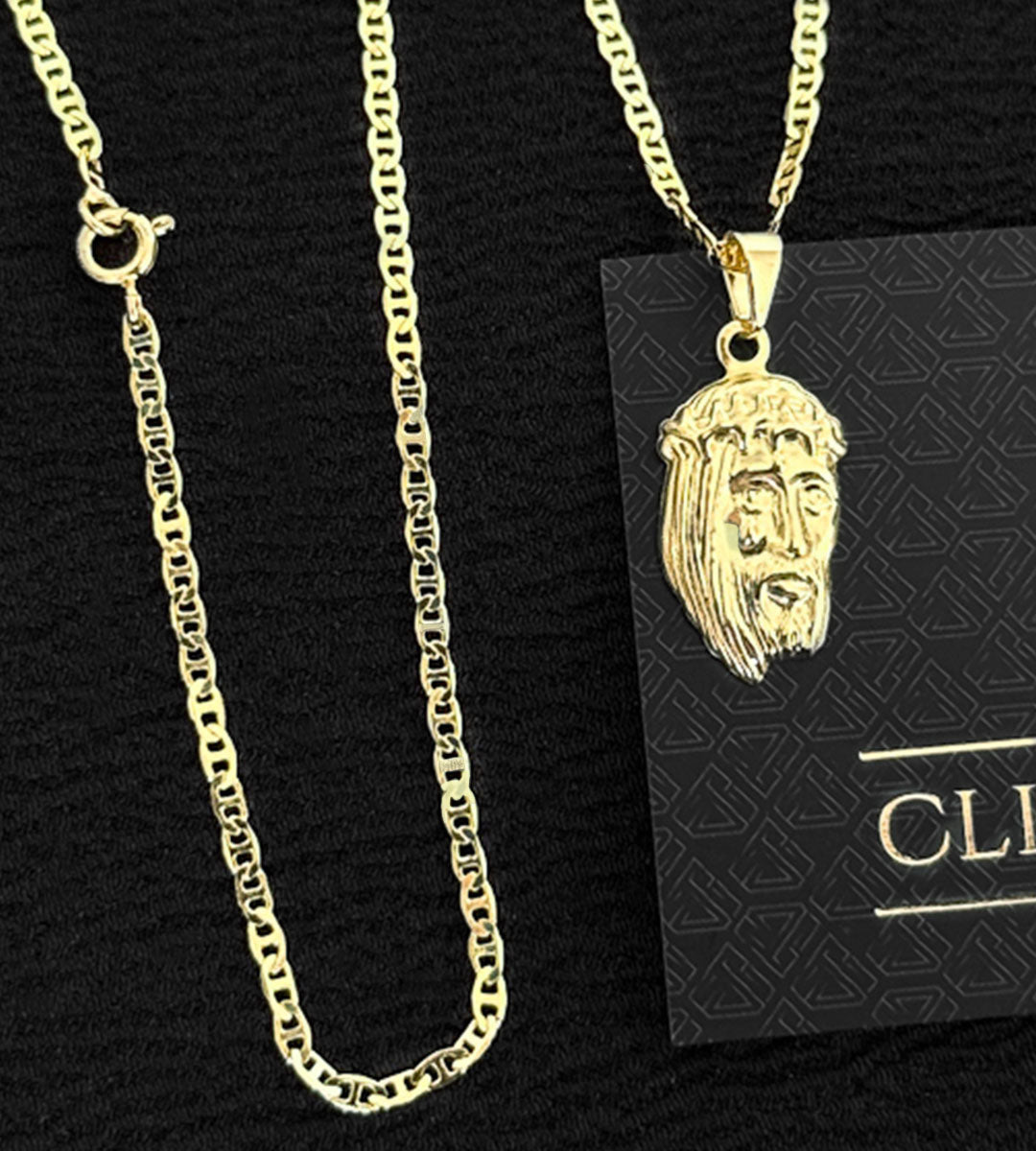 Corrente Piastrini 2mm + Pingente Mini Cristo em Relevo 2x1,2cm Banhada a Ouro 18k