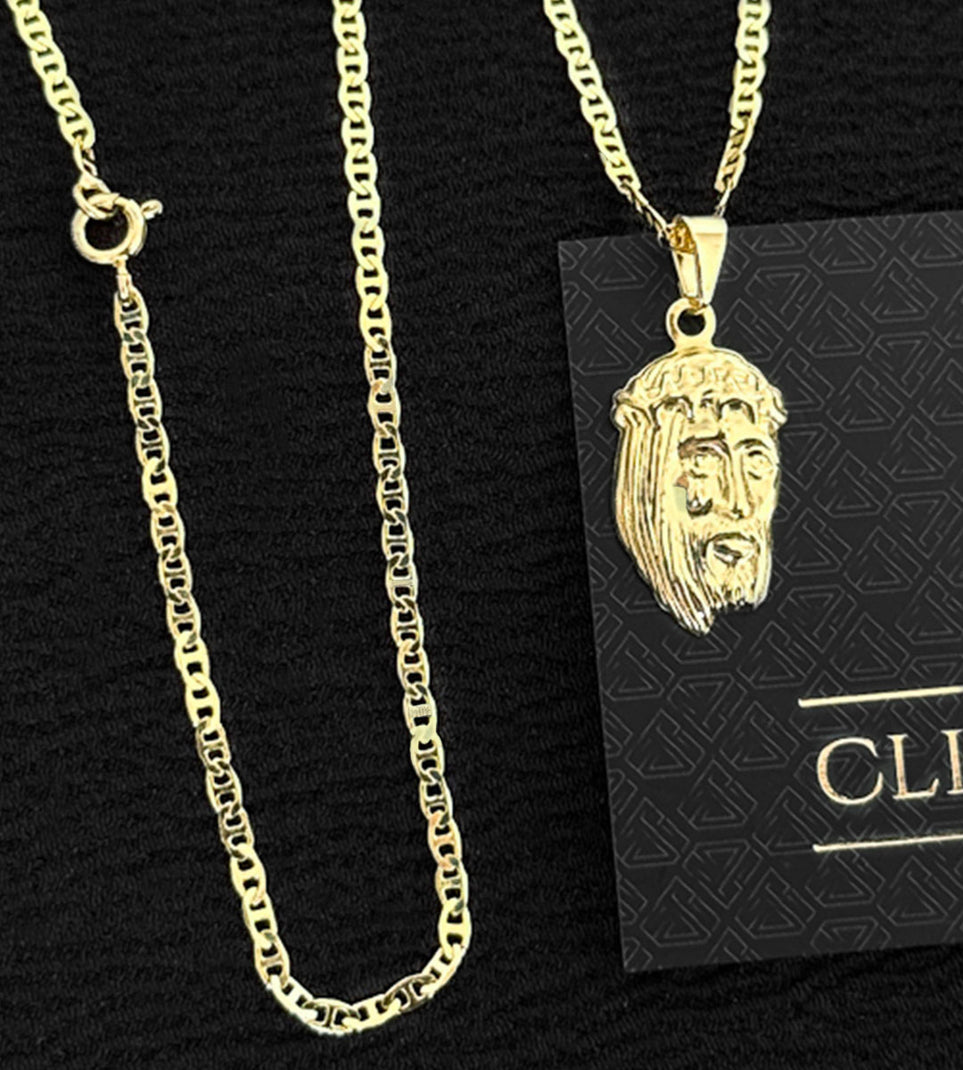 Corrente Piastrini 2mm + Pingente Mini Cristo em Relevo 2x1,2cm Banhada a Ouro 18k