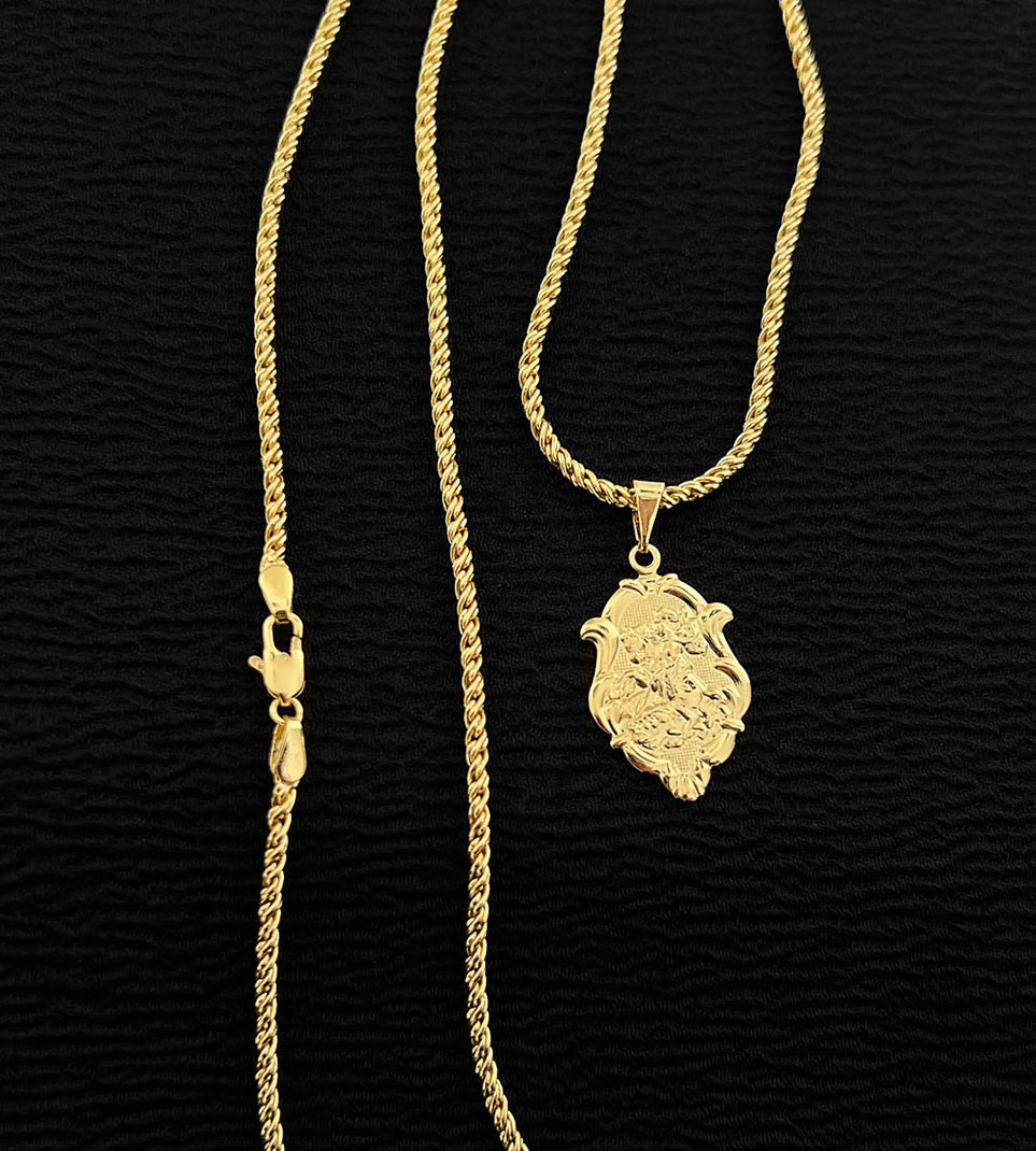 Corrente Cordão Baiano 2mm + Pingente Moldura São Jorge Pequeno Banhada a Ouro 18k