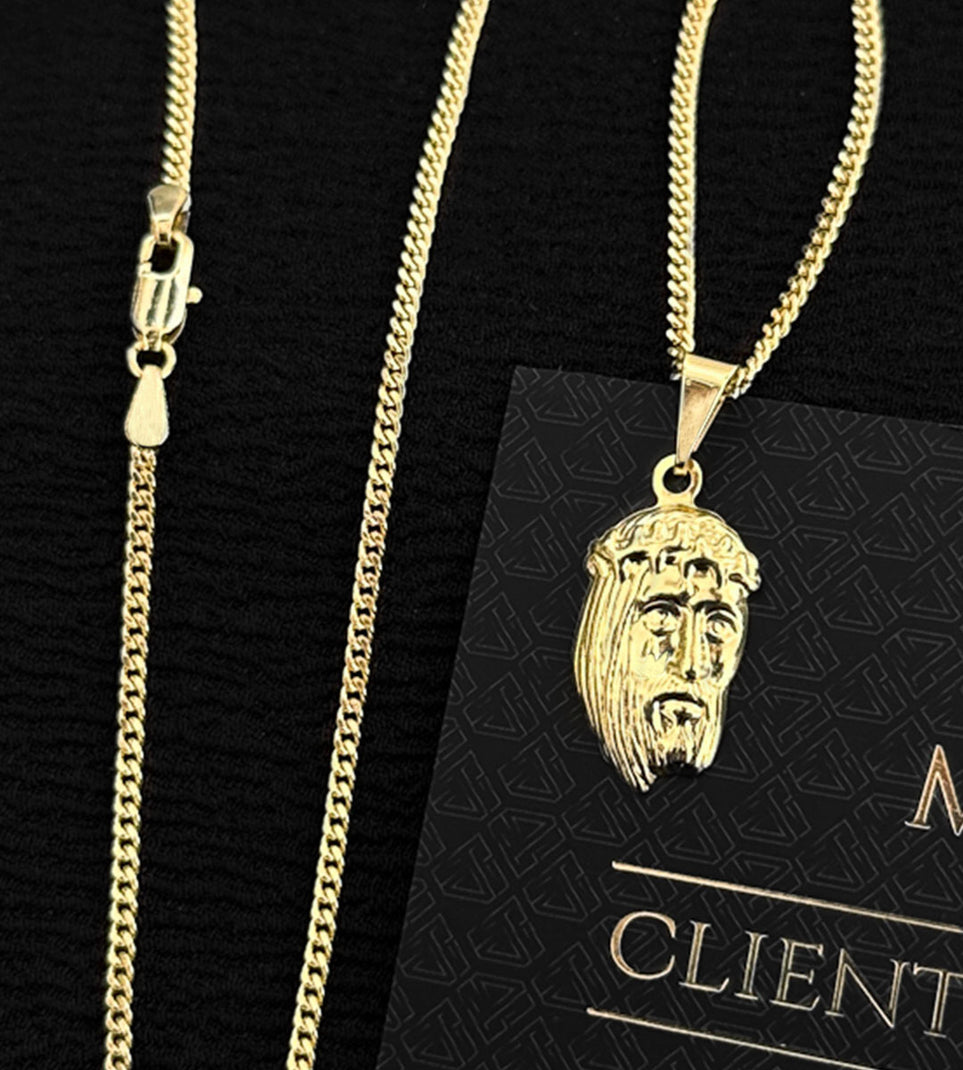 Corrente Grumet 2mm + Pingente Cristo em Relevo 2x1,2cm Banhada a Ouro 18k