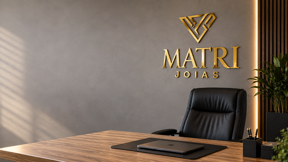 Escritório da Matri Joias com o logotipo dourado na parede