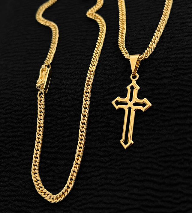 Corrente Grumet Dupla 3mm + Pingente Cruz Vazada N2 -3x1,5cm Banhada a Ouro 18k