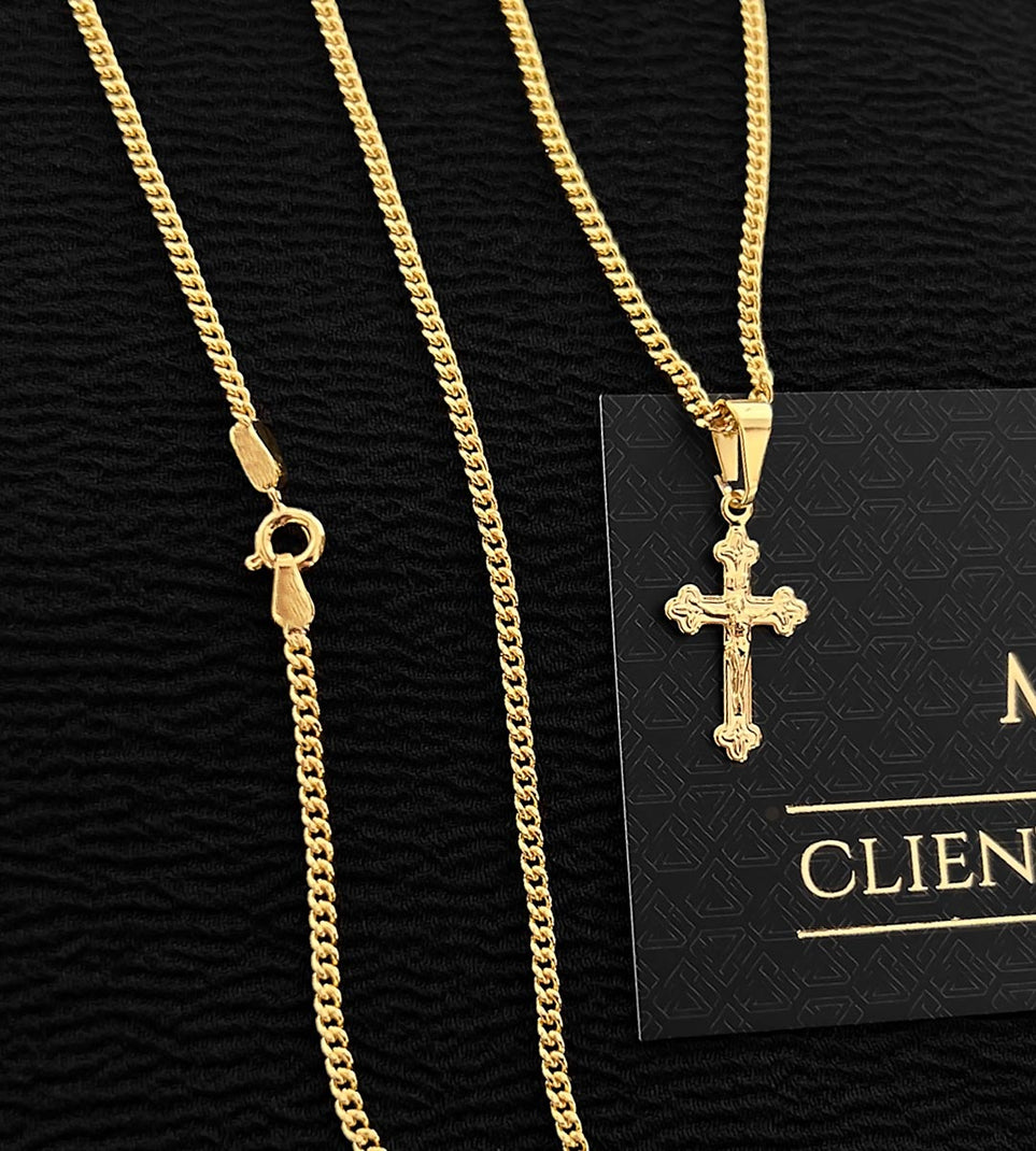 Corrente Grumet 2mm + Pingente Cruz Vitoriana Mini Banhada a Ouro 18k