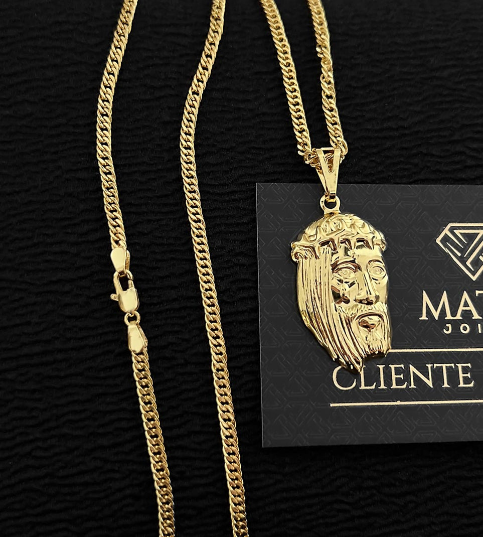 Corrente Grumet Dupla 3mm + Pingente Cristo Relevo Pequeno Banhada a Ouro 18k