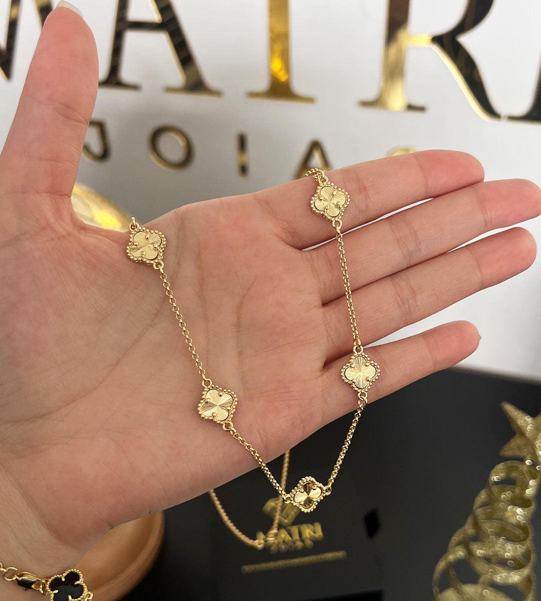 Corrente + Pulseira Trevo Dourado 60cm 21cm Banhada a Ouro 18k, foto 3