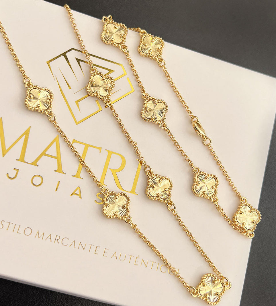 Corrente + Pulseira Trevo Dourado 60cm 21cm Banhada a Ouro 18k