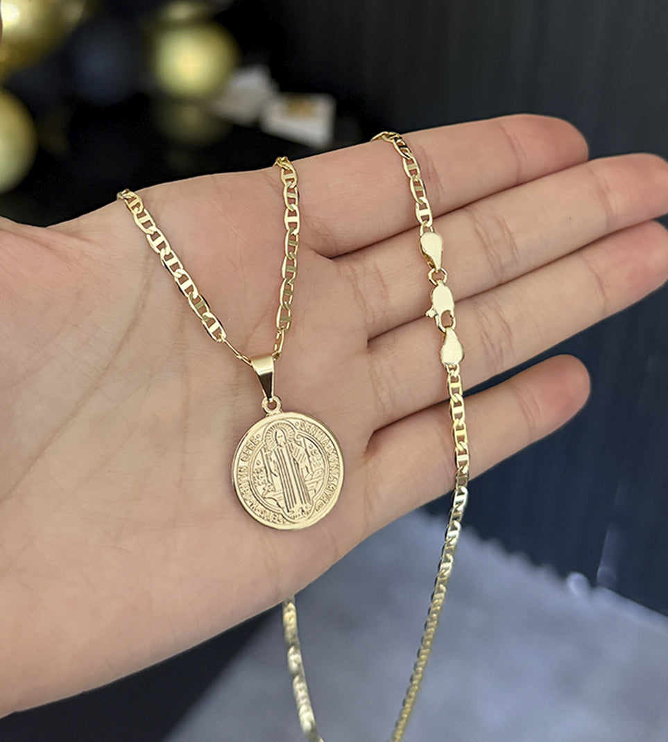 Corrente Piastrini 3mm + Pingente Medalha São Bento 2x2cm Banhada a Ouro 18k