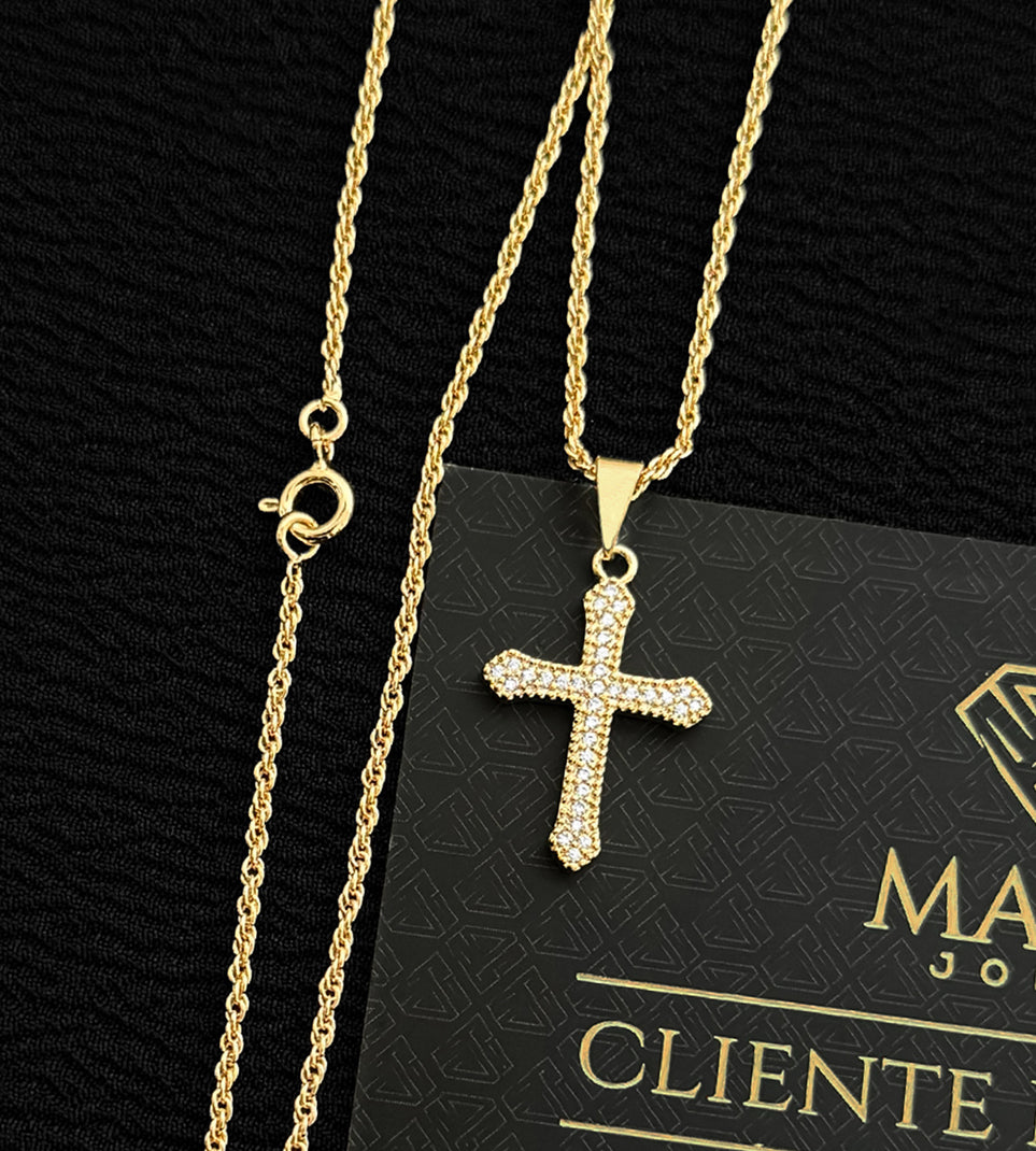 Corrente Cordão Baiano 2mm + Pingente Cruz Cravejada em Zircônias 1,2x1cm Banhada a Ouro 18k