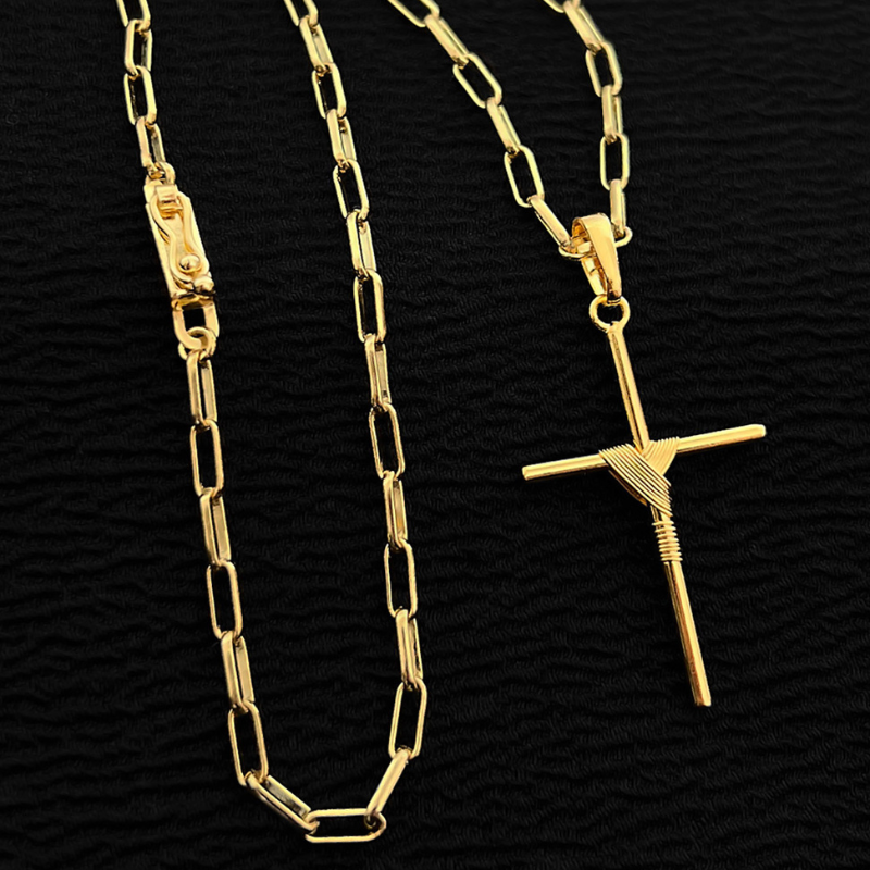 Corrente Cadeado Laminado 3mm + Pingente Cruz Amarrada 4x2cm Banhada a Ouro 18k