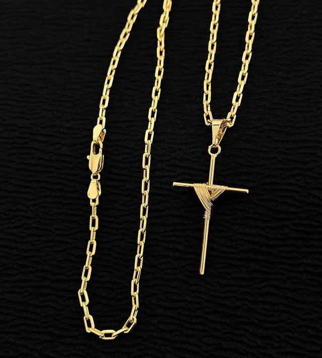 Corrente Cadeado Fino 3mm + Pingente Cruz Amarrada Banhada a Ouro 18k