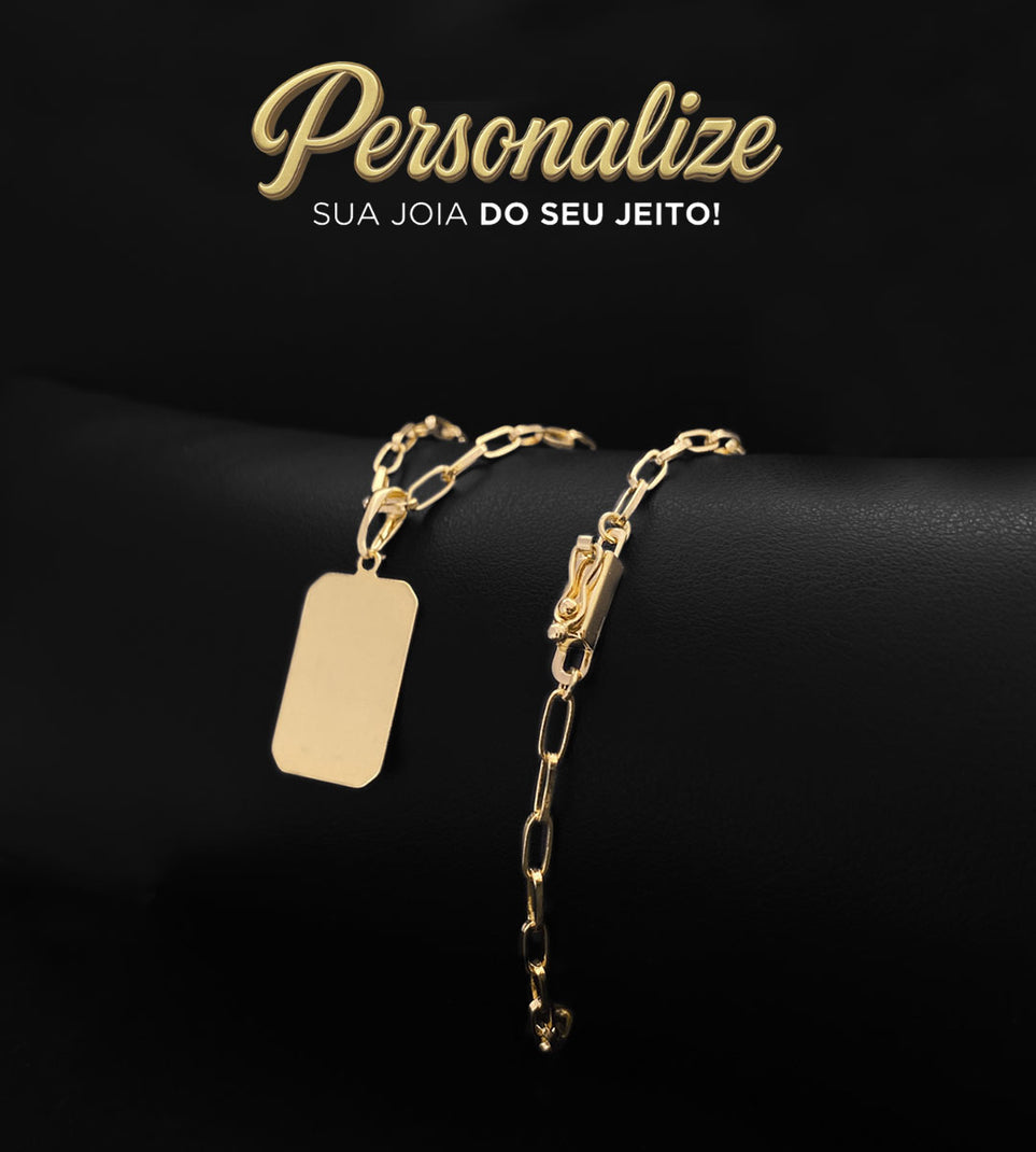 Corrente Cadeado Laminado 3mm + Pingente Personalizável Plaquinha Facetada 2,2x1,5cm Banhada a Ouro 18k