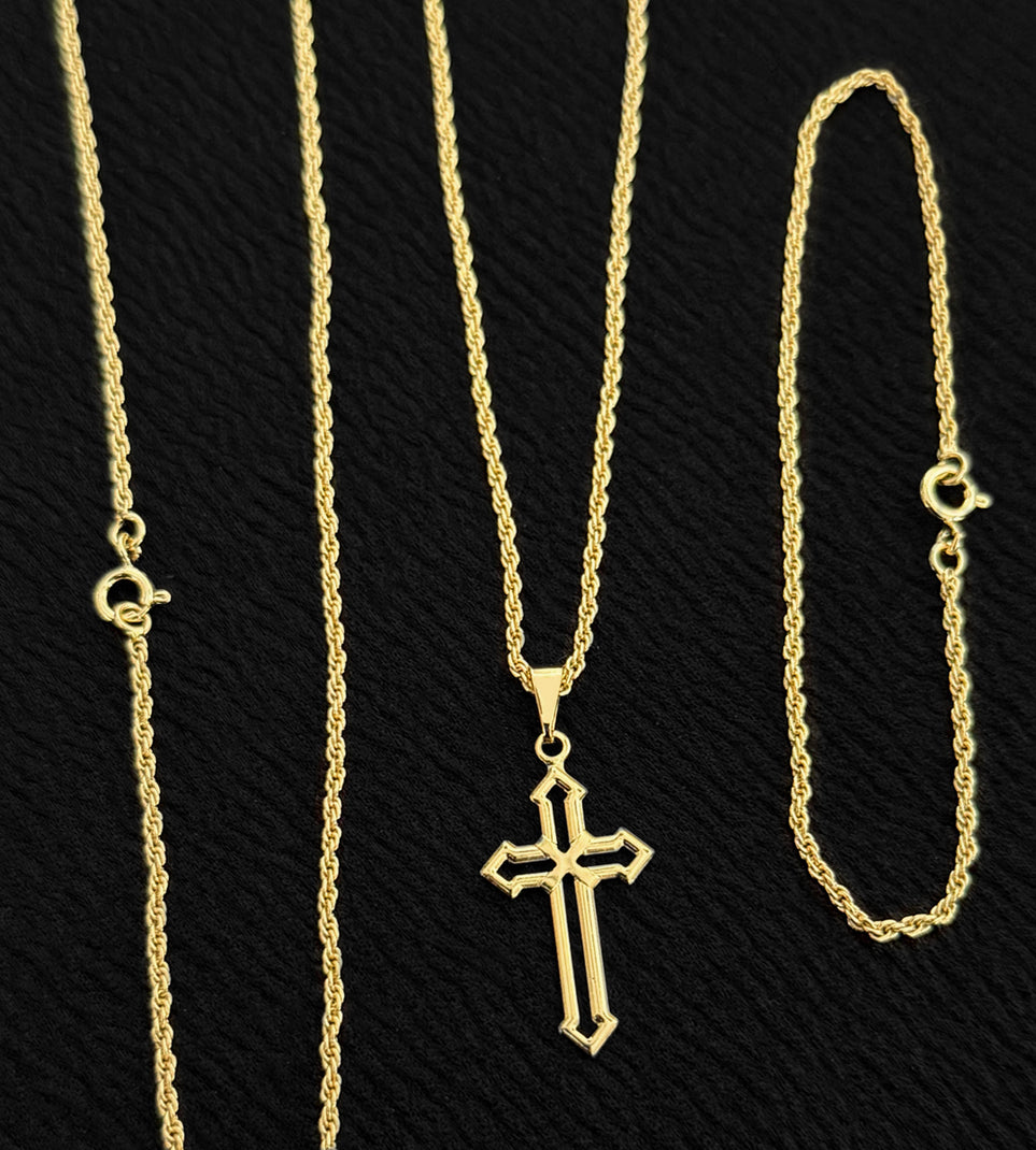 Corrente + Pulseira Cordão Baiano 2mm + Pingente Cruz Vazada 3x1,5cm Banhada a Ouro 18k