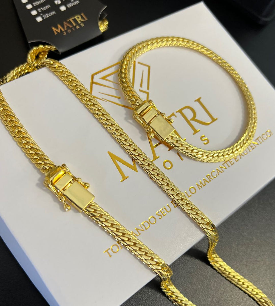 Corrente + Pulseira Grumet Flat Detalhada 6mm Fecho Trava Dupla Banhada a Ouro 18k