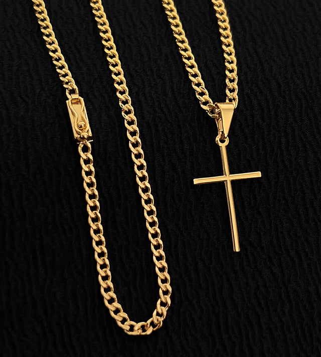 Corrente Grumet 3mm Fecho Gaveta + Pingente Cruz Tradicional 3x1,5cm Banhada a Ouro 18k