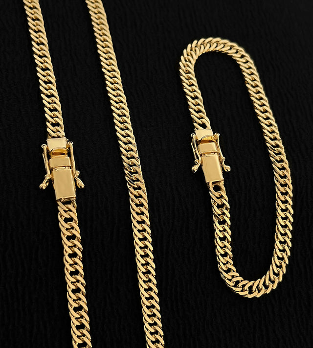 Corrente + Pulseira Grumet Dupla 6mm Fecho Trava Dupla Banhada a Ouro 18k