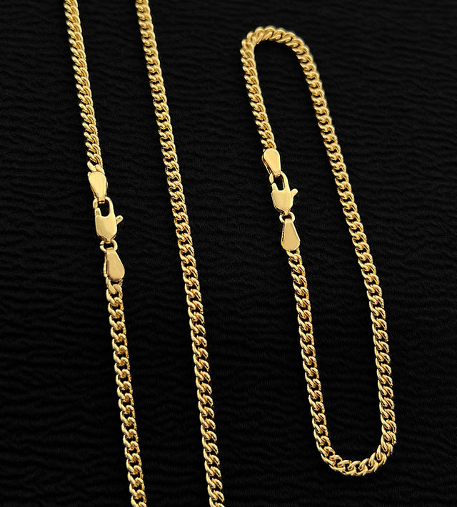 Corrente + Pulseira Grumet Cuban 3mm Fecho Tradicional Banhada a Ouro 18k