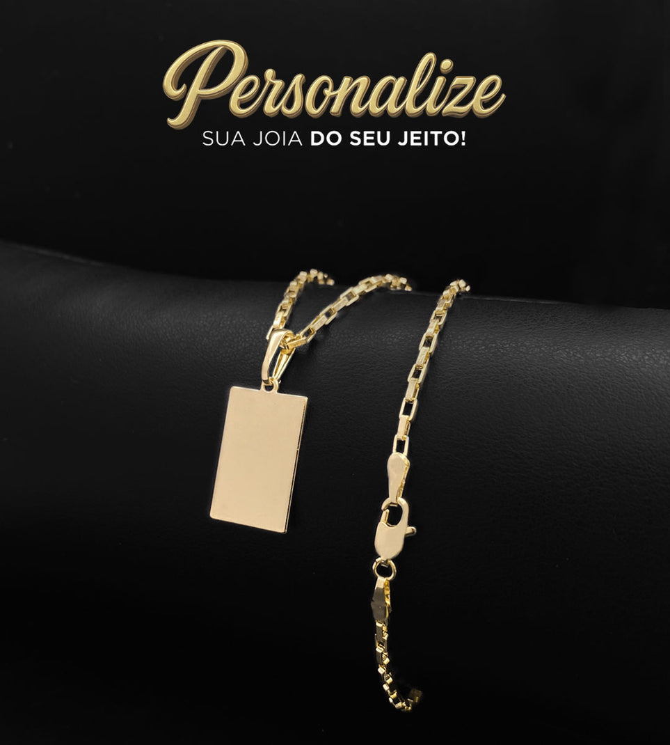 Corrente Elo Vazado Cubinho 2mm + Pingente Personalizável Plaquinha 2x1,2cm Banhada a Ouro 18k
