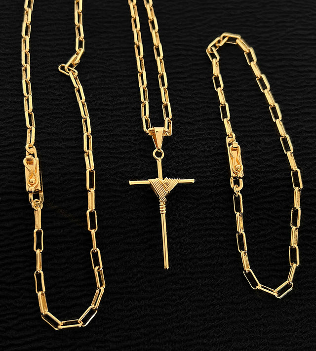 Conjunto Corrente e Pulseira Cadeado Laminado 3mm com Pingente Cruz Amarrada Banhado a Ouro 18k