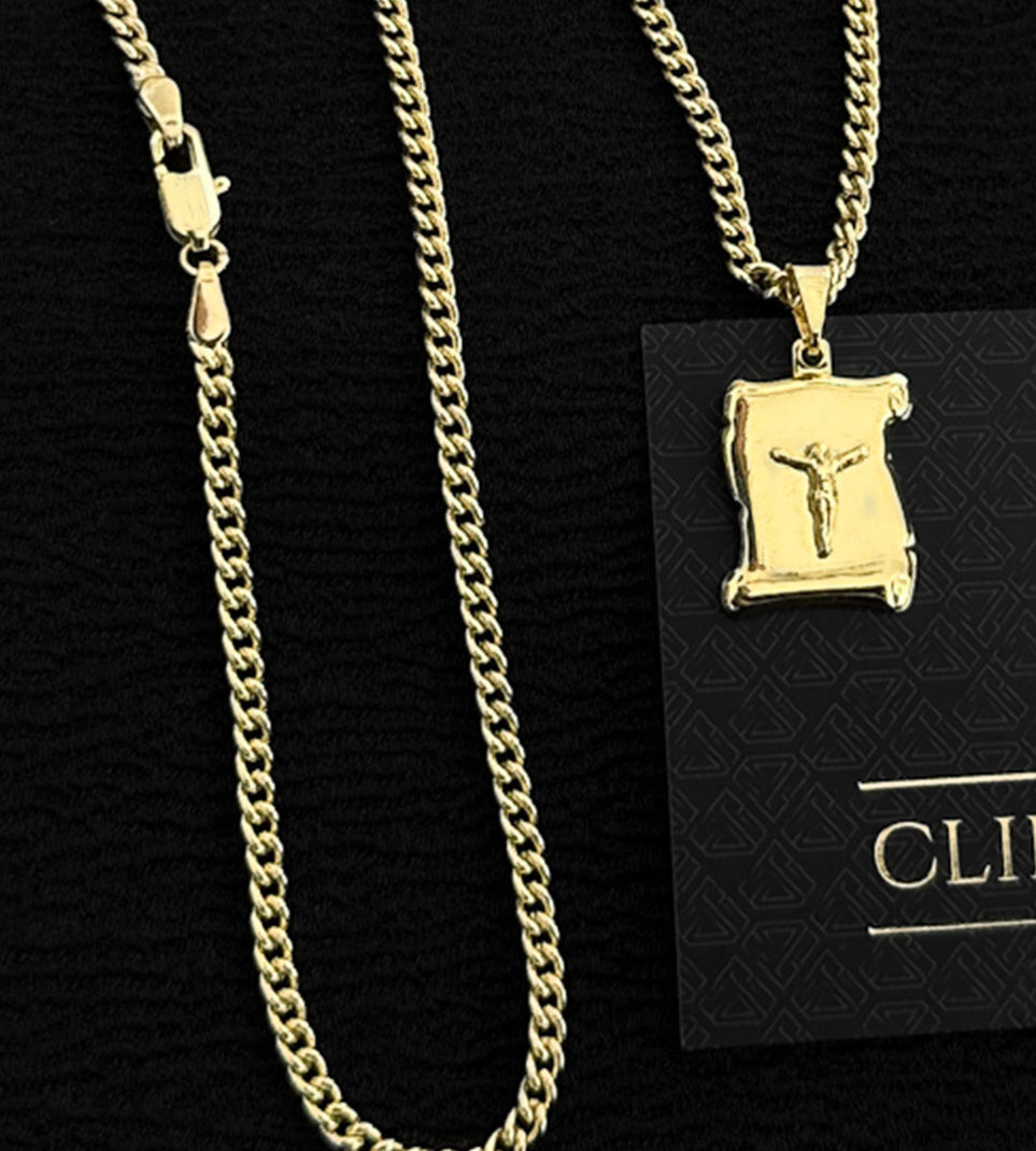 Corrente Grumet Cuban 3mm + Pingente Pergaminho Cristo Mini 1,5x1,5cm Banhada a Ouro 18k
