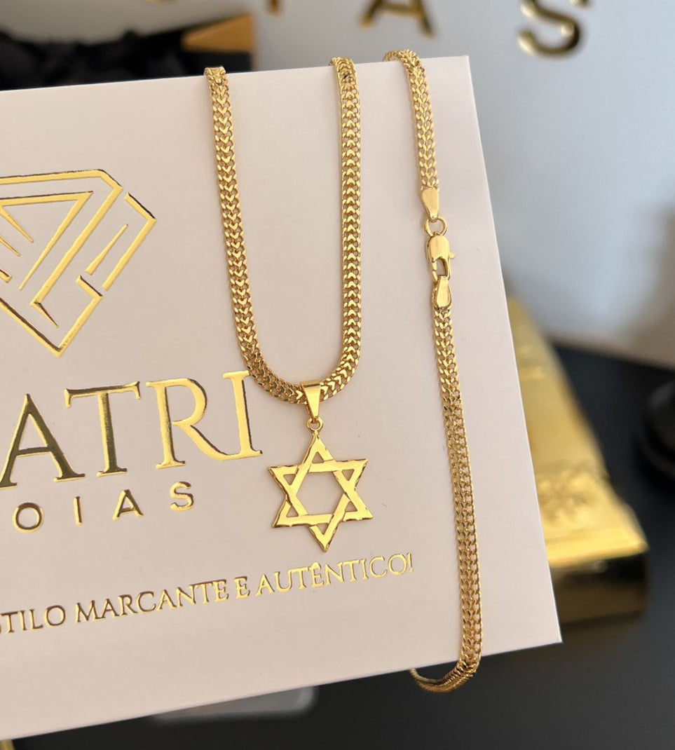 Corrente Grumet Lacraia 3mm + Pingente Estrela de Davi Vazado Banhada a Ouro 18k