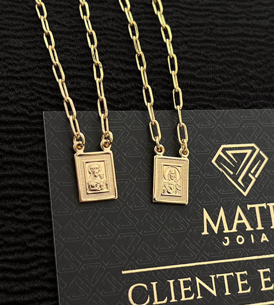 Escapulário Nossa Senhora do Carmo e Sagrado Coração 70cm Banhado a Ouro 18k