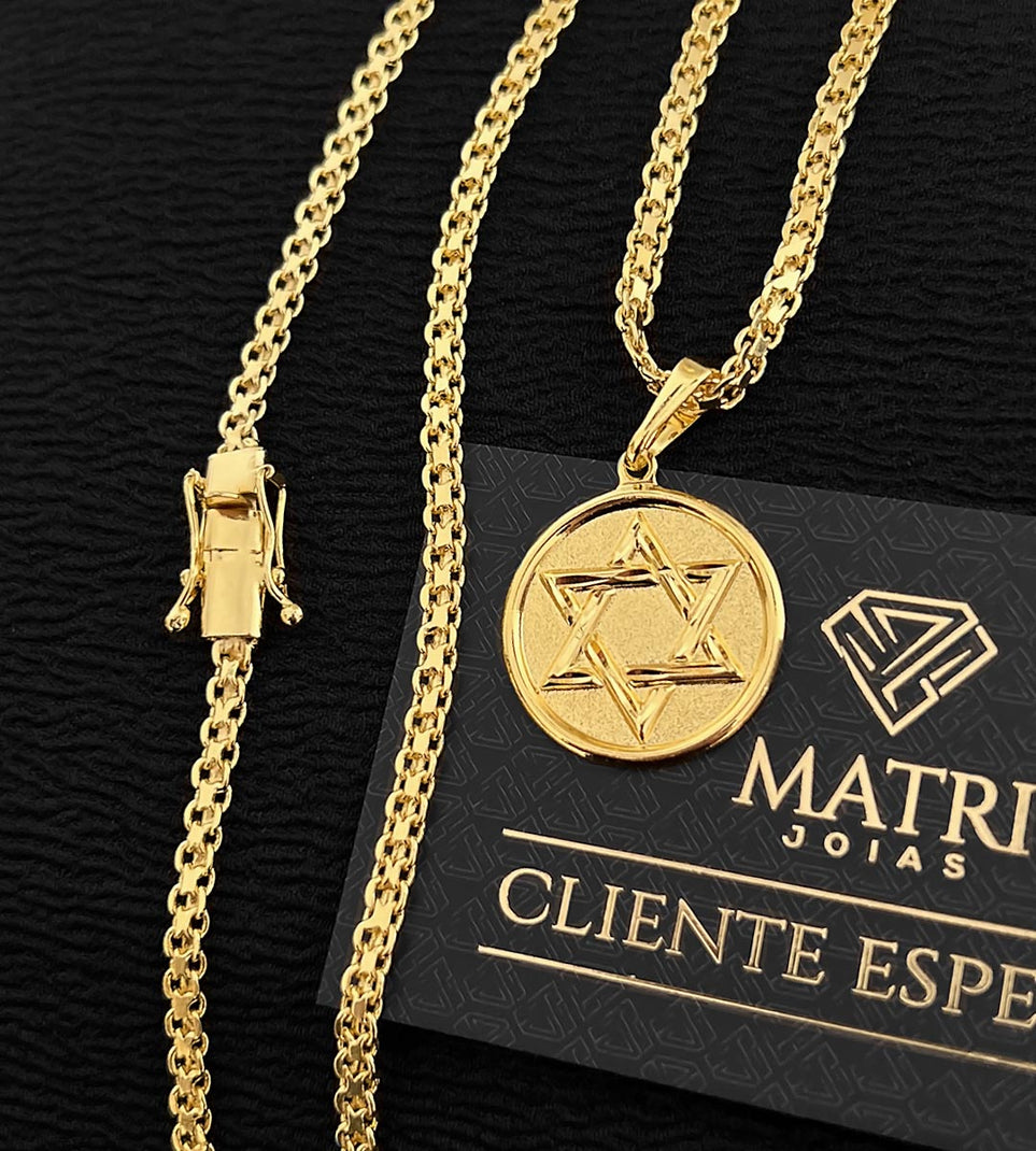 Corrente Cadeado Duplo 4mm + Pingente Medalha Estrela de Davi Banhada a Ouro 18k