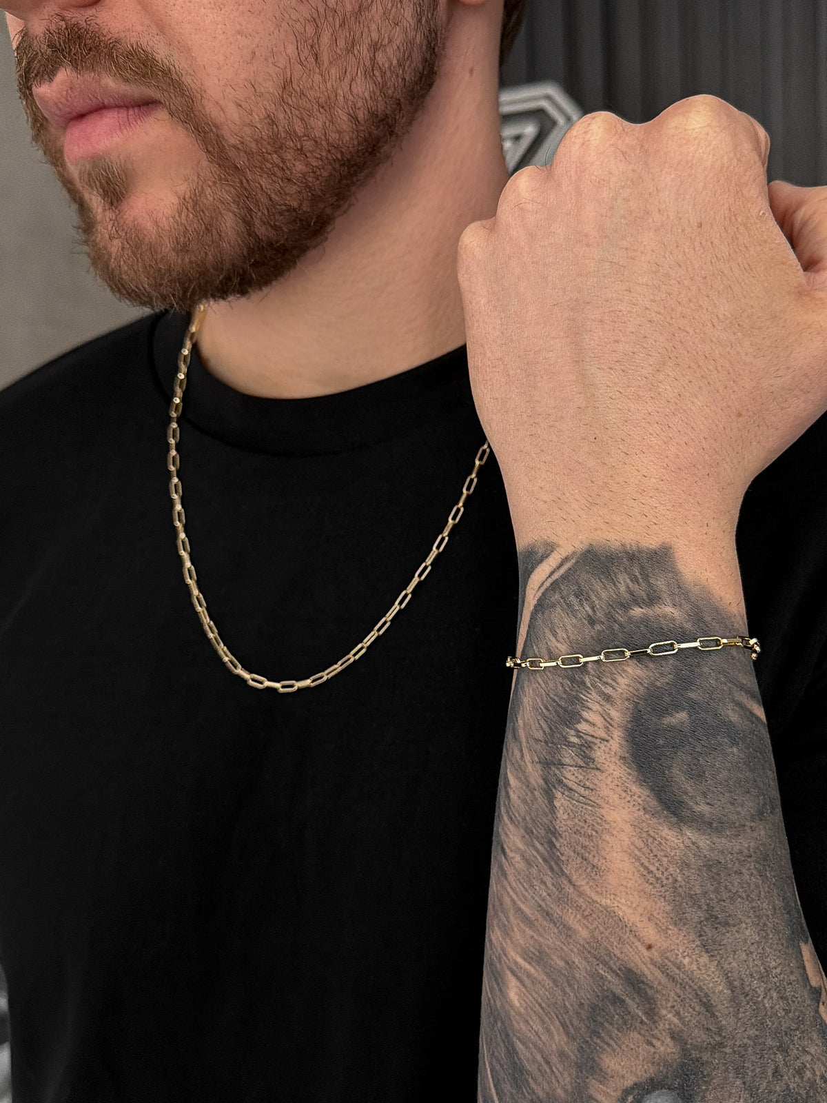 Conjunto Corrente e Pulseira Cadeado Laminado 3mm Banhado a Ouro 18k